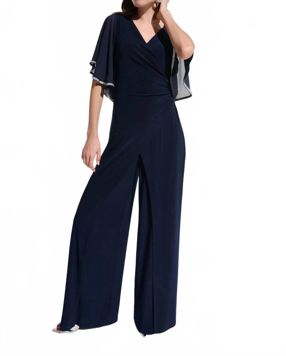 NEW JOSEPH RIBKOFF rhinestone chiffon sleeves wide leg jumpsuit in midnight blue